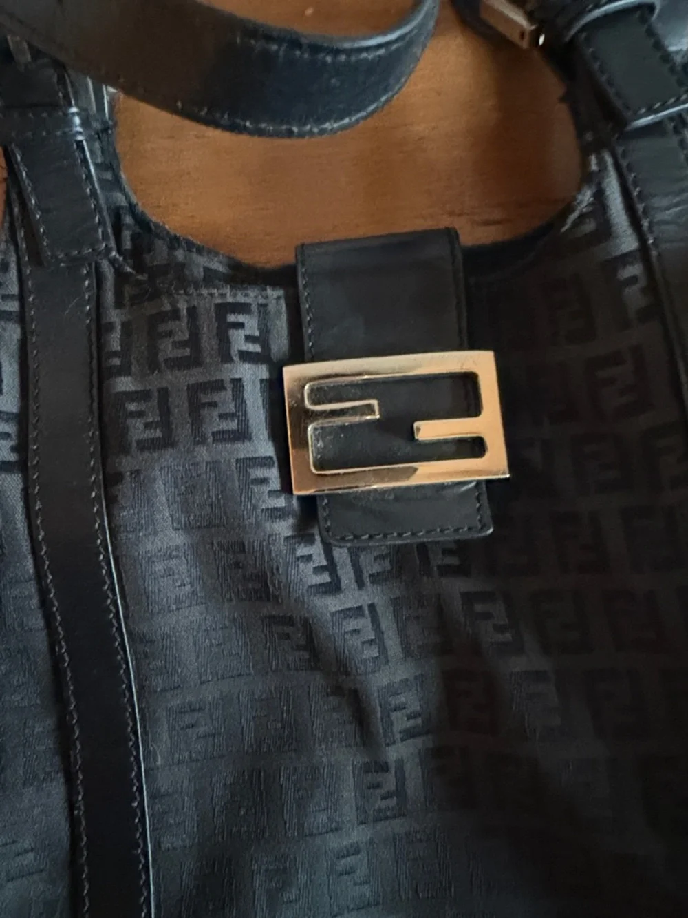 Fendi Black Monogram Canvas Shoulder Bag with Gold FF Buckle - Picture 2 of 5